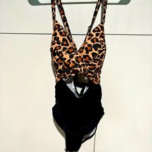 NWT Eomenie Womens Swimsuit One Piece Large Tummy Control Leopard Black Cutout